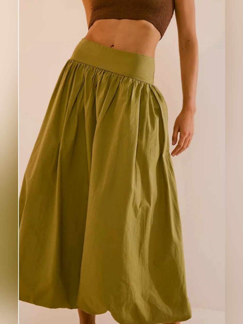 Olive Green Gathered Midi Skirt